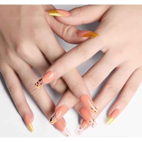 24Pcs/Set Orange False Nail Long French Fake Nails Detachable Ballet Coffin Nail Tips With Gold leaf Press On Nail Art Tool