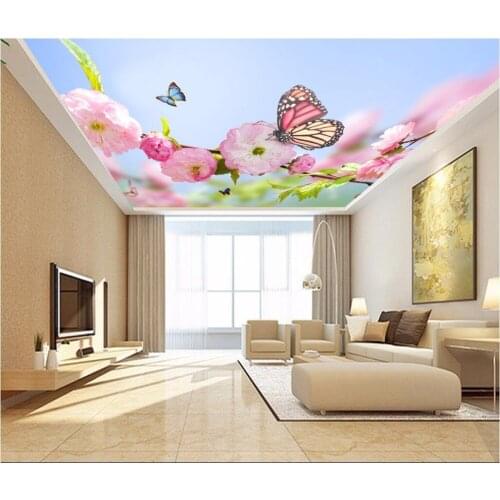 3d ceiling murals wall paper Beautiful peach blossom flower butterfly painting 3d wall murals wallpaper for room walls 3 d