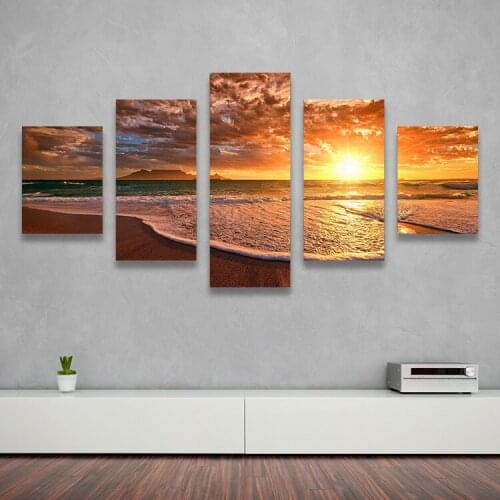 5 Panels Sunset Waves Ocean Hot Sell The Family Decorates Print In The Oil Painting On The Canvas Wall Art Picture Gift Unframed