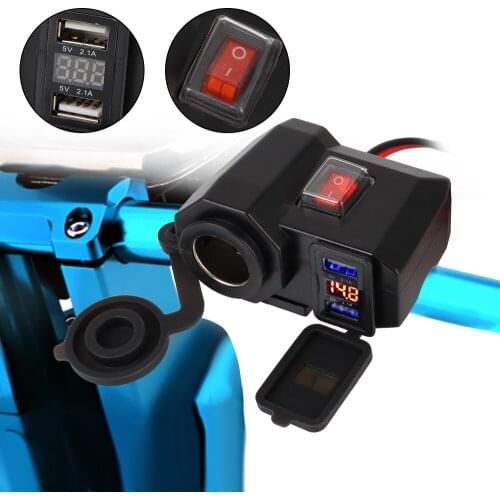 5V 2.1A Motorcycle Handlebar Charger Dual USB Port Cigarette Lighter Socket Adapter Power Supply for Phone Digital Display