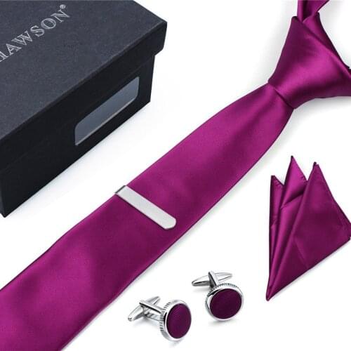 HAWSON Purple Cufflinks and Tie Clip Cotton Tie Set Fashion Necktie Skinny Slim Ties for Grooms Wedding
