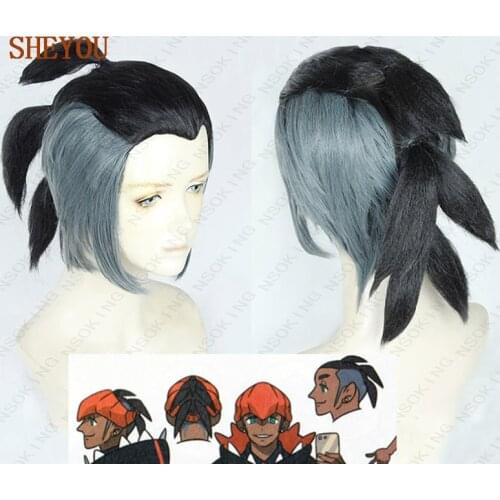 Pokemon Sword and Shield Raihan Short Black / Grey Blue Layered Braid Heat Resistant Cosplay Hair Wig + Wig Cap