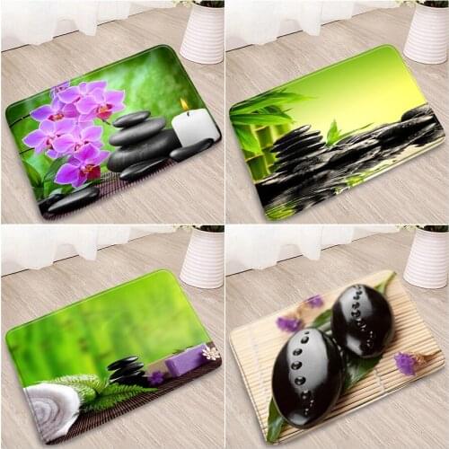 Zen Stone Bathroom Mat Green Bamboo Leaves Plants Flowers Phalaenopsis Doorway Welcome Rugs Bedroom Kitchen Non-slip Carpets