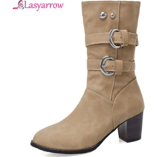 Lasyarrow 2019 New Fashion Outdoor Booties Block High Heels Yellow Purple Gray Mid Calf Buckle Women Winter Boots Shoes J1030