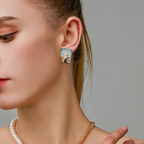 Fashion Square Blue Face Earrings for Women Cute Line Portrait Irregular Pattern Stud Earrings Korean Trend Jewelry New 2021