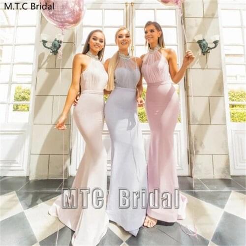 Wholesale Backless Sexy Mermaid Bridesmaid Dresses Crystal Collar Floor Length Long Formal Dress Plus Size Wedding Party Gowns