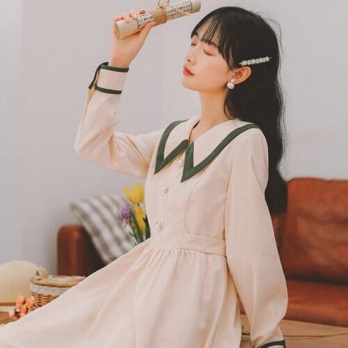 Mori Girl Lapel Chic Green Stitching Literary Retro Dress 2021 Spring and Autumn New French Mid-length Temperament Dresses