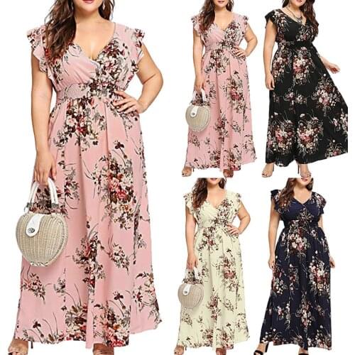 Womens Dress Plus Size Summer V Neck Floral Print Boho Short Sleeve Maxi Loose Dress Sundress Casual Holiday Dress For Womens