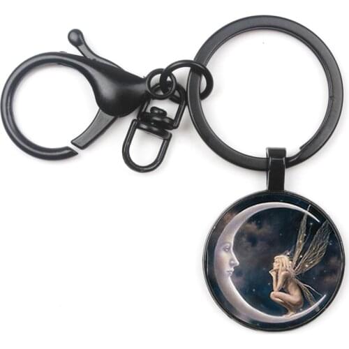 Retro Gothic Angel Moon Keychain Personality Pattern Fairy Tale Glamour Glass Keyring Pendant Man Woman Jewelry Souvenir Gift