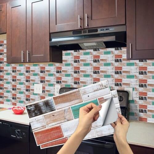 Wood Grain Mosaic Self Adhesive Tile Backsplash Wall Sticker Vinyl Waterproof Removable Bathroom Kitchen Wall Decoration Brick