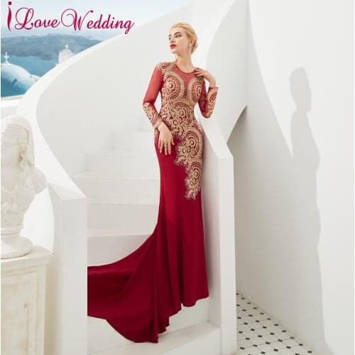 Formal Dresses Long Sleeves Gold Lace Applique Custom made Trumpet Muslim Jewel Collar Red Evening Dresses