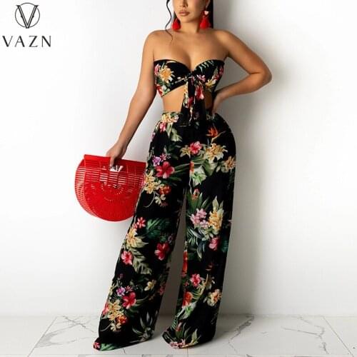 VAZN 2021 Hot High-end Chiffon Retro Print Hollow Out Sexy Open Strapless Top Long Wide Leg Pants High Waist Women 2 Piece Set