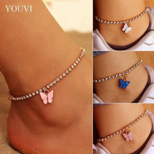 YOUVI Dazzling Acrylic Butterfly Anklet for Women Rhinestone Chain Luxury Simple Clavicle Choker Necklace Animal Korean Jewelry
