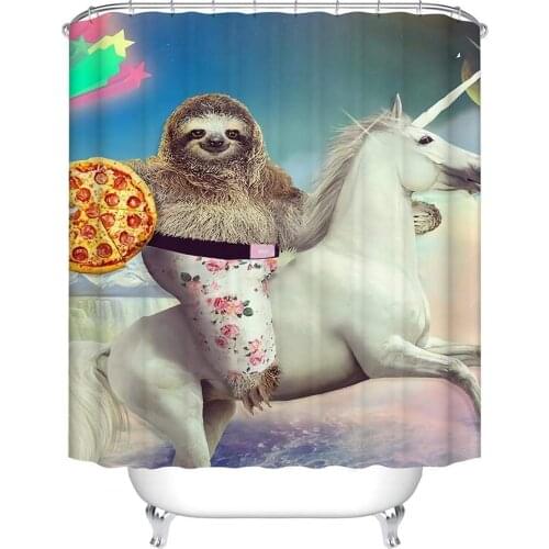 Funny Sloth Riding Horse with Pizza Pattern Digital Print Bath Shower Curtains