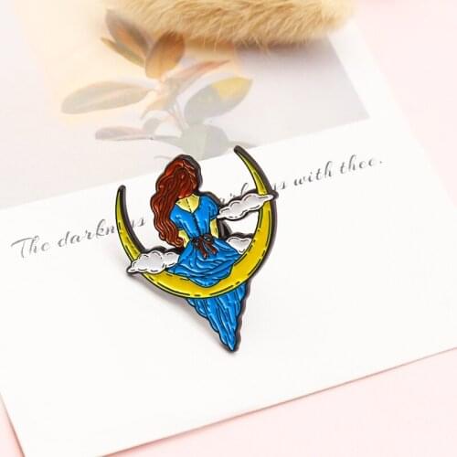 The girl on the moon swing Enamel Pin Blue dress women Beautys back Brooches Creative punk Badge Lapel Pin