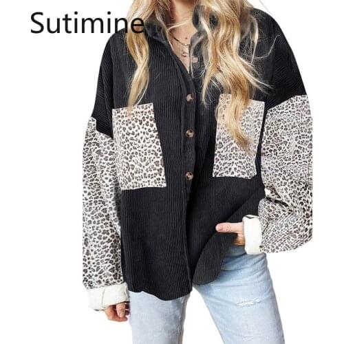 Fall Winter Oversize Women Shirt Loose Buttons Pocket Long Sleeve Leopard Patchwork Shirt Female Jacket Women Clothes Wholesale