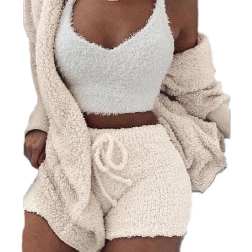 Women Short Sets Summer Women Plush Sexy V-Neck Vest Shorts Long Sleeve Jacket Coat Set Matching Sets 2021