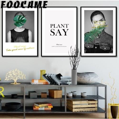 Woman Plant Leaves Creative English Wall Black White Nordic Ins Canvas Painting Minimalist Modern Decor Posters Art Living Room