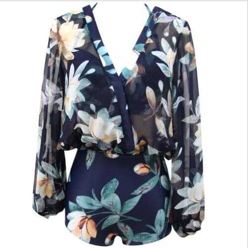 2021 Women Printed Long Sleeve One Piece Swimwear Push Up Bathing Suit Summer Sexy V-Neck Swimsuit Swim Monokini Holiday Wear