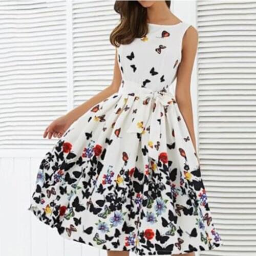 Femme Party Dress Audrey Hepburn 50s 60s Vintage Retro Dress Summer Women Butterfly Floral Print Rockabilly Robe Ball Gown