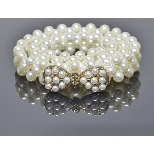 1PC Elegant Women Pearl Belt Waist Belt Elastic Buckle Pearl Chain Belt Female Girls Dress Crystal Strap Corset Belt Belt Woman