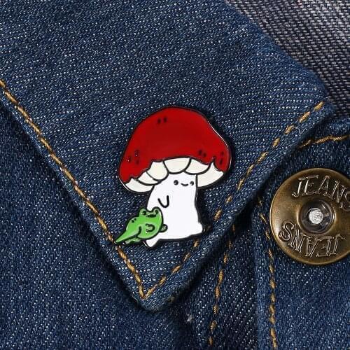 New Mushroom Froggo Hard Enamel Pin Cute Animal Kawaii Nature Outdoors Lapel Pins Badge Brooch for Men Women Clothes Accessories