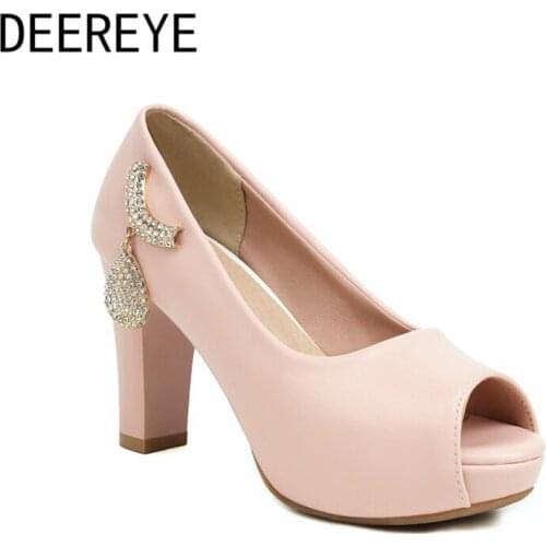 Designer Womens Pumps Side Rhinestone Finish Toe High-Heeled Platform Sandals Pink White Beige Chunky Shoes For Summer 2021