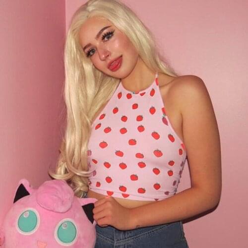 Womens New Fresh Garden Strawberry Print Hanging Neck Lace Vest