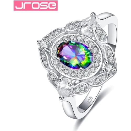 JROSE Fashion Elegant Cubic Zirconia Ring Rose Silver Color Rainbow Blue Crystal Engagement Wedding Ring for Women Jewelry