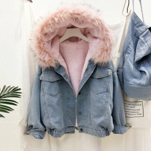 2 Colors Denim Jacket New Women Winter Hooded Faux Fur Collar Warm Jean Jacket Female Bomber Coats Student Basic Short Parkas