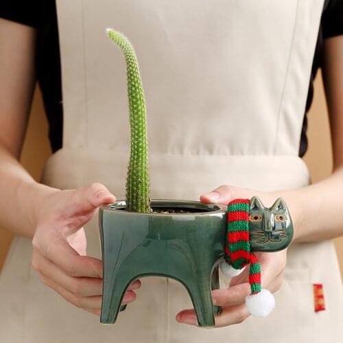 Cute Ceramic Flower Pot Cat Shape Garden Pots With Cat Scarf Succulent Planter Plant Container Home Decor For Living Room #W0