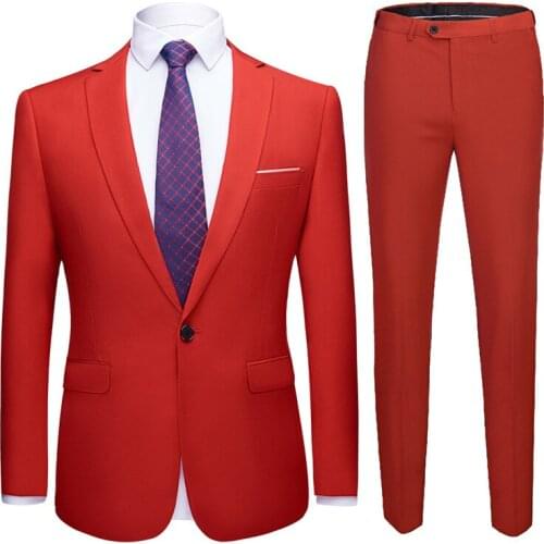 Mens 2 Pieces Red Slim Fit Single Button Suit (Jacket+Pants) Party Wedding Prom Suits Men Party Formal Business Dress Suit Male