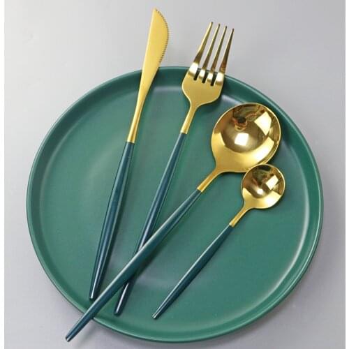 4pcs Green Gold Dinnerware Cutlety Set 304 Stainless Steel Tableware Set Knife Fork Spoon Kitchen Flatware Dinner Silverware Set