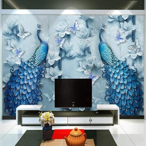 Chinese Style 3D Embossed Blue Peacock Oil Painting Mural Wallpaper Living Room TV Sofa Hotel Background Wallpaper Classic Decor