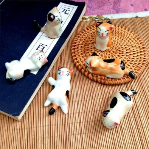 6pcs/set Chopsticks Support Japanese Style Pen Shelf Kitchen Tableware Ceramic Lazy Cat Chopstick Rest Holder Chopsticks Stand