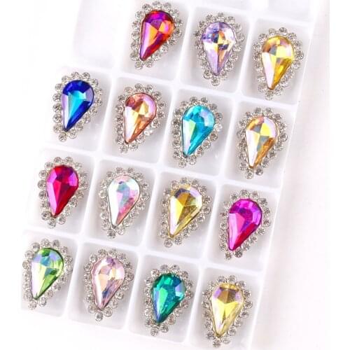 AB colors glass crystal with rhinestones in Silver claw setting Slim water drop shape 8x13mm 20pcs/pack Sew on rhinestone diy