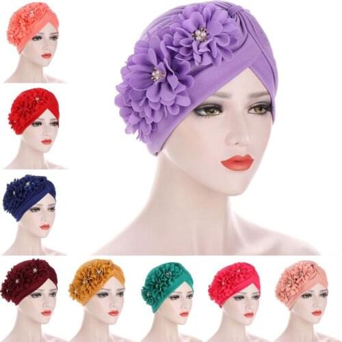 Three Flower Decal Design Turban Hat Elastic Hijab Cap Hair Loss Cover Headwear