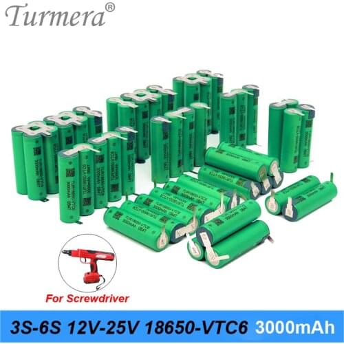 Turmera 18650 VTC6 3000mAh Battery Pack 3S 4S 5S 6S 12.6V 16.8V 18V 25V TUR18650-VTC6 6000mAh 30A for Shura Screwdriver Battery