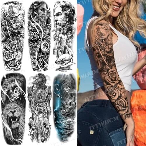 Waterproof Temporary Tattoo Sticker Big Arm Sleeve Tattoo Snake Realistic Thunder Shark Lion King Body Art Full Arm Fake Tattos