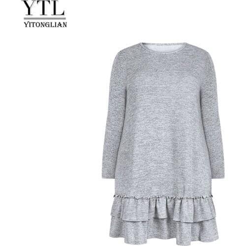 Ytl O-neck Grey Pullover Elegant Long Sleeve Autumn Winter Womens Plus Size Tunic Top Casual Oversize Long T-shirt Dress H193