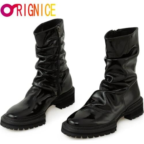 Orignice 2021 New Arrival Autumn Waterproof Pleated Cow Patent Leather Ankle Boots Low Heels Black Round Toe Zipper Women Shoes