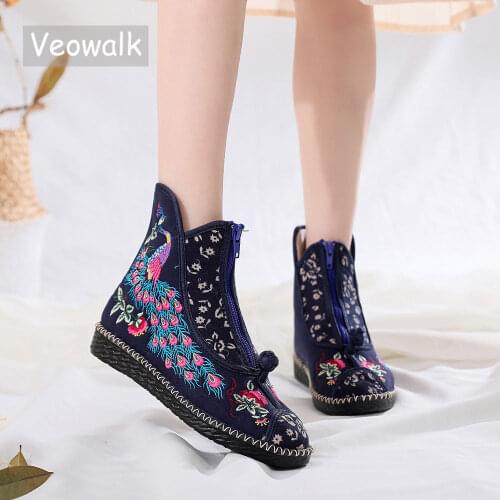 Veowalk Vintage Peacock Embroidered Elderly Women Cotton Ankle Boots Chinese Embroidery Booties Ladies Flat Shoes