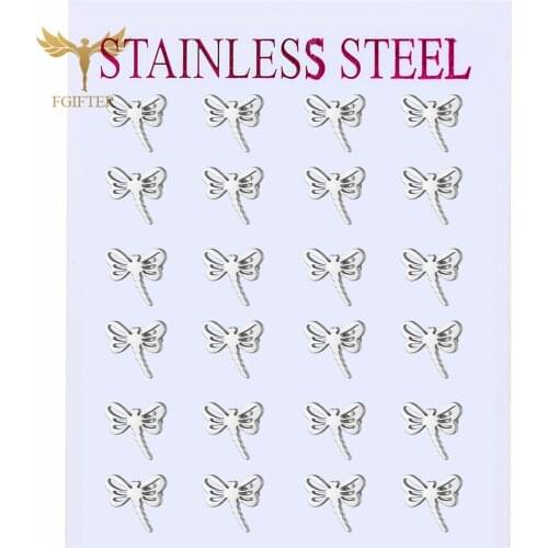 FGifte New Jewelry Sliver Color Dragonfly Earrings For Women Stainless Steel Stud Earrings Wholesale 12 Pair