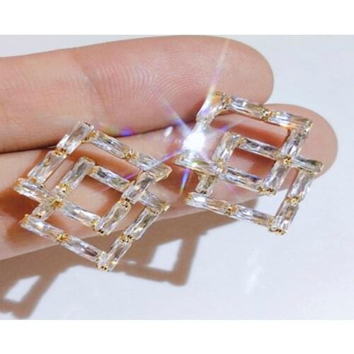 Milangirl Hot Sale Double Square Shiny Crystal Stud Earring Geometric Rhombus Zircon Rhinestone Earrings for Women Girls jewelry