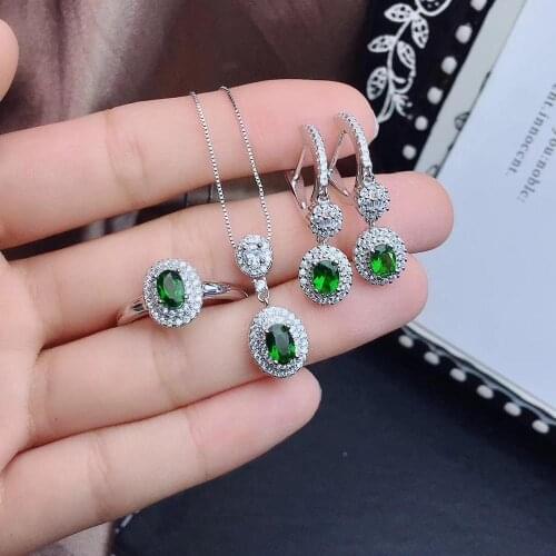 Natural diopside suit, 925 pure silver jewelry, bright green gemstone. Deluxe Recommendation