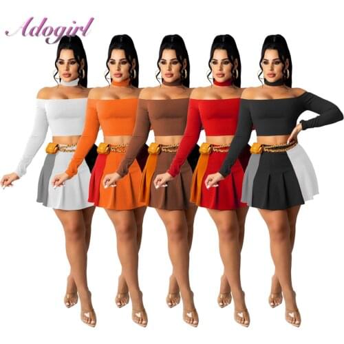 Fitness Sporty Skirt Suit Workout Tacksuit Women Casual Slash Neck Long Sleeve Crop Top Pleated Skirt Ol Workwear Two Piece Sets