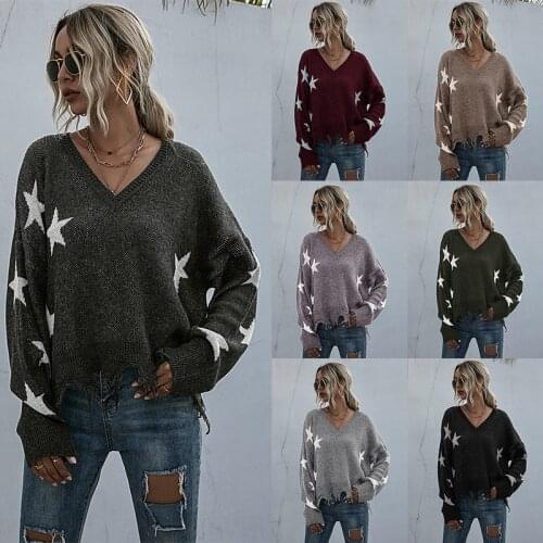 Womens Short Loose Sweaters V-Neck Stars Knitted Pullovers Grey Fashion Disdressed Tassel Hem Jumpers Female Tops Spring Y2K