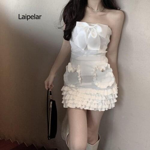 2021 Spring Summer Sweet 2 Piece Set Women Bow Crop Top + Ruffled Knitted Mini Skirt Suits Button Up Elegant Sexy Skirts Sets