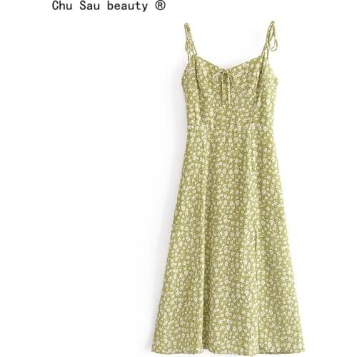 French Vintage Prairie Chic Floral Print Lace-Up Spaghetti Strap A-Line Women Dress 2021 Summer New Zipper Vestido