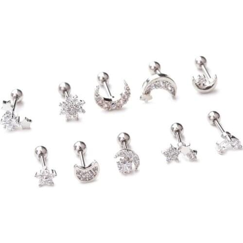 2Pieces/1Pair Stainless Steel Flower Moon Stars Zircon Stud Tragus Cartilage Earring Body Piercing Ear Ring Helix Jewelry Gift